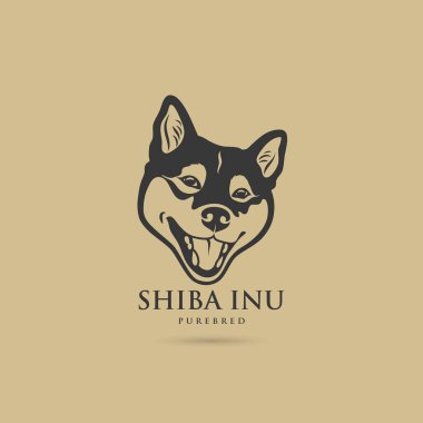 Şirin Shiba Inu baş minimalist logosu ve bej arkaplanda harfleri var.