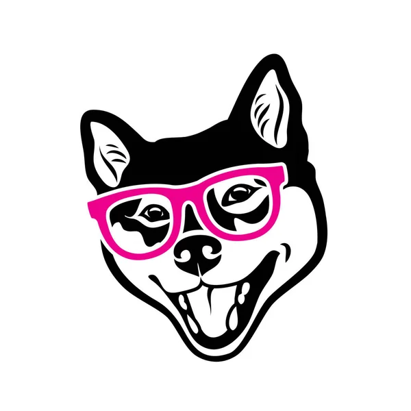 Shiba Inu Bonito Óculos Rosa Logotipo Minimalista Isolado Fundo Branco — Vetor de Stock