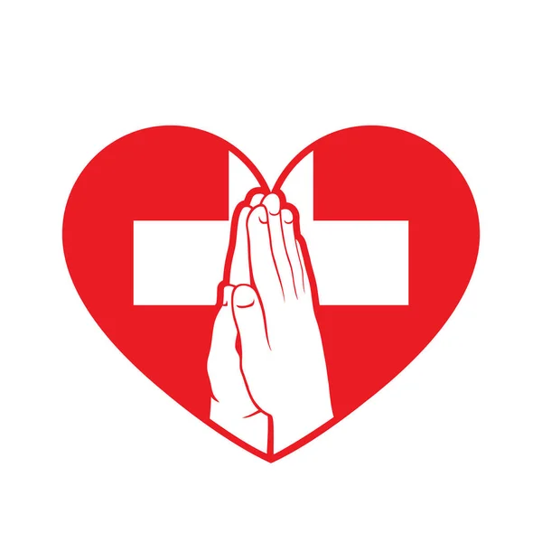 Sviçre Kırmızı Kalbi Dua Eden Eller Vektör Illüstrasyonu — Stok Vektör