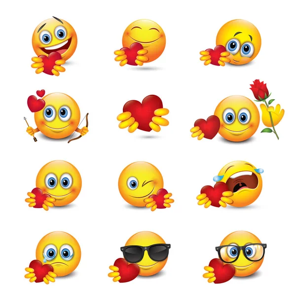 Set Emoticon Carino Con Cuore Emoji Illustrazione Vettoriale — Vettoriale Stock