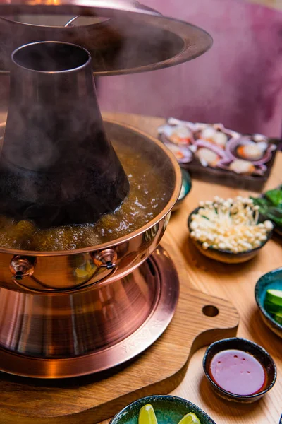 Close View Traditional Asian Hot Pot Bowls Ingredients Wooden Table — Stock Photo, Image