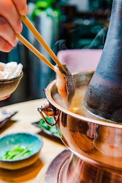 Cropped Shot Person Holding Chopsticks Gourmet Fish Preparing Hot Pot — Stock Photo, Image