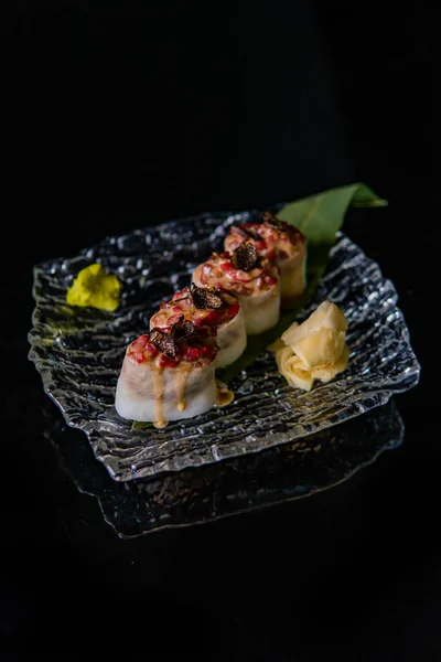 Close View Delicious Japanese Rolls Plate Black Background — Stok Foto