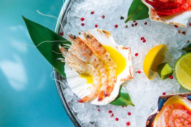 Buzda taze karidesler, üst manzara, yiyecek arka planı.