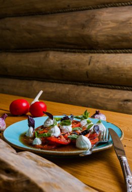 Lezzetli domates, mozzarella ve fesleğen salatalı tabağın yakın görüntüsü.