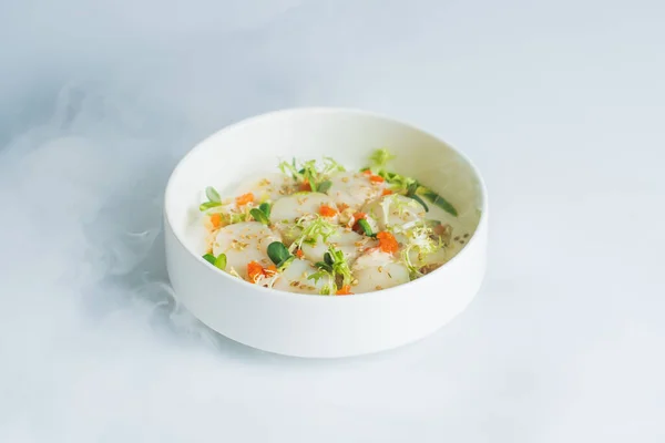 Close View White Bowl Delicious Steamed Meal Vegeds — Stok Foto
