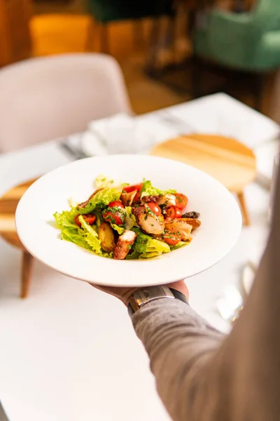 Tiro Recortado Camarero Sosteniendo Plato Blanco Con Ensalada Gourmet Restaurante — Foto de Stock