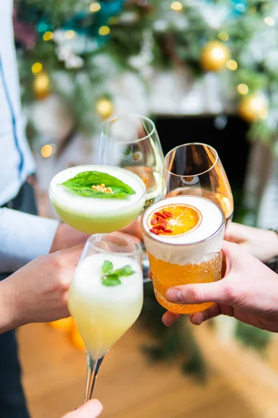 Cropped Shot People Clinking Glasses Drinks Christmas Party Royalty Free Stock Photos