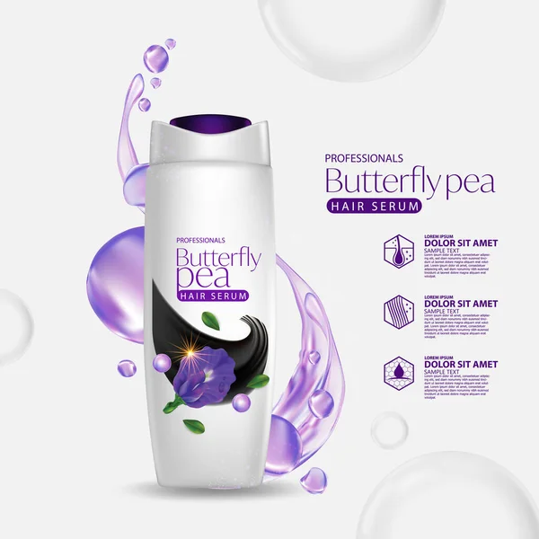 Productos Embalaje Mariposa Guisante Cuidado Del Cabello Diseño Botellas Champú — Vector de stock