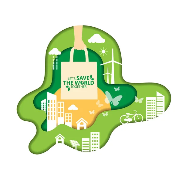Nein Plastik Verwendung Von Stofftaschen Konzept Zum Weltumwelttag Grüne Öko — Stockvektor