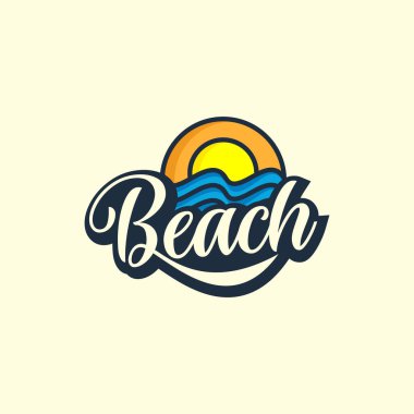 Plaj, Deniz, Günbatımı, logo tasarımı Vektör illüstrasyonu