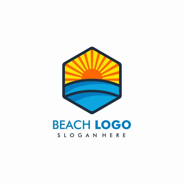 Plaża Morze Zachód Słońca Projekt Logo Wektor Ilustracji — Wektor stockowy