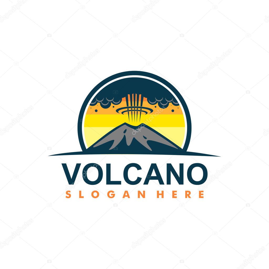 Mountain vector logo design. Silhouettes of rock mountains with cloudy sky. Outdoor activity, traveling in alps, living on nature outdoor, camping, hiking on mount hill badges templates.