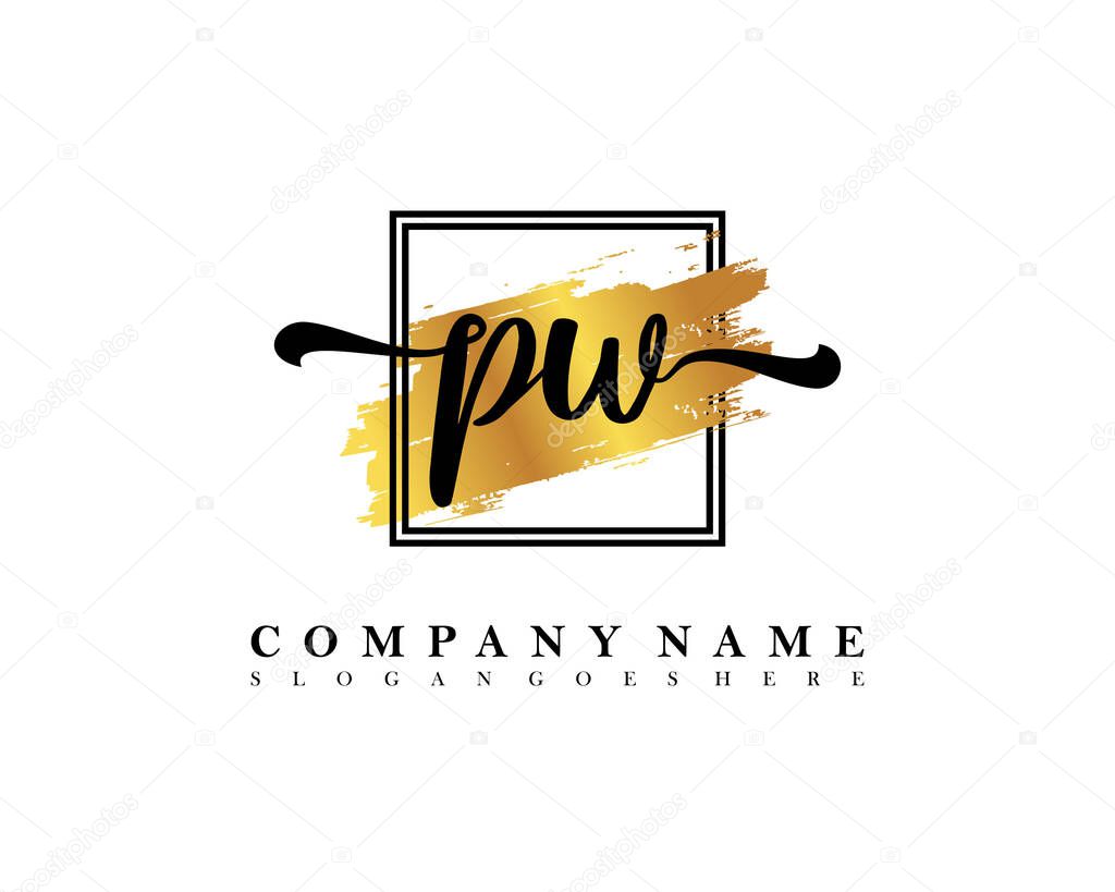 Initial PW logo of initial signature, make up, wedding, fashion, with watercolor brush stroke template