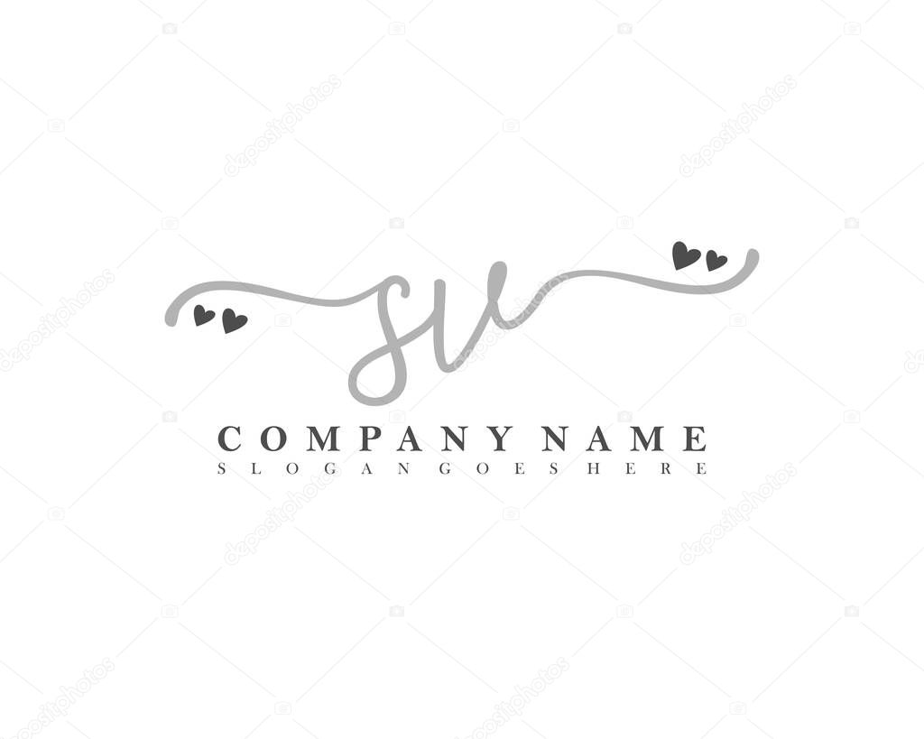 Initial SV handwriting feminin logo of initial signature, make up, wedding, fashion, with heart