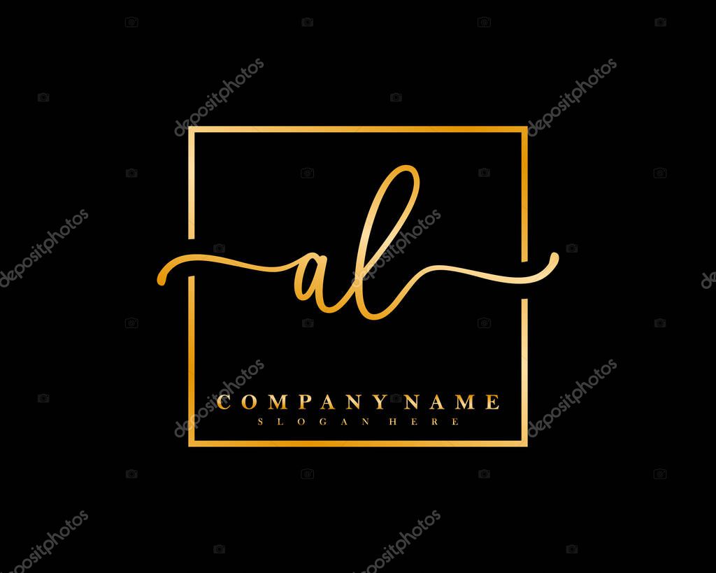 Initial AL handwriting logo of initial signature, make up, wedding, fashion, in square frame