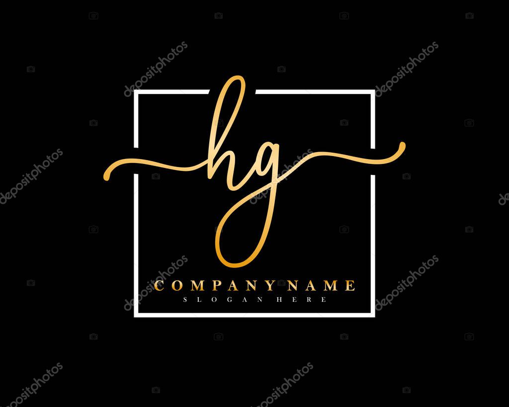 Initial HG handwriting logo of initial signature, make up, wedding, fashion, in square frame
