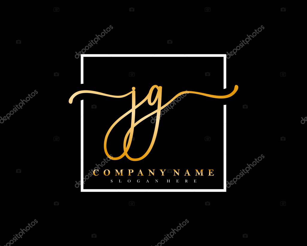 Initial JG handwriting logo of initial signature, make up, wedding, fashion, in square frame