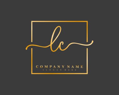 Initial LC handwriting logo of initial signature, make up, wedding, fashion, in square frame  clipart
