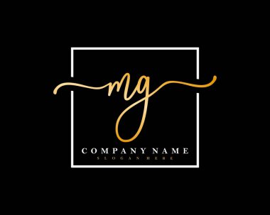 İlk imzalı MG el yazısı logosu, makyaj, düğün, moda, kare çerçeveli. 
