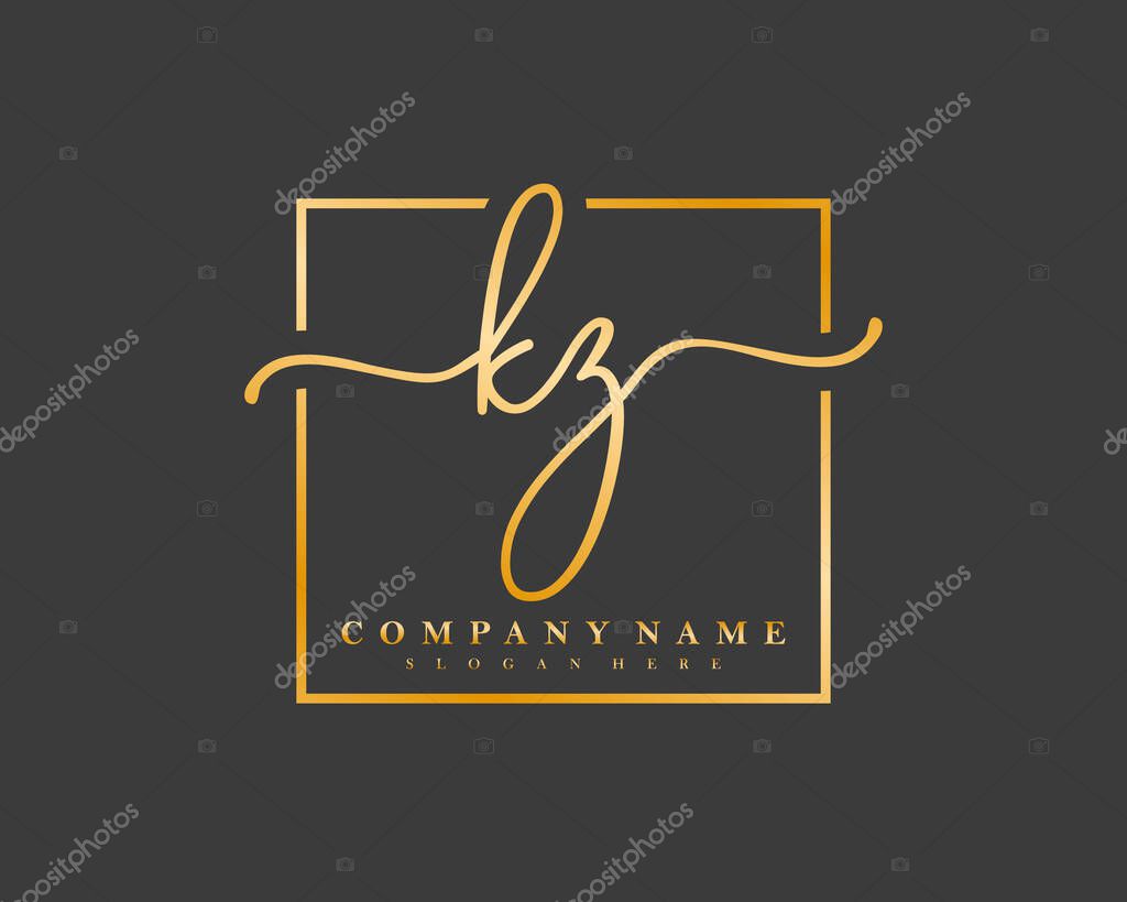 Initial KZ handwriting logo of initial signature, make up, wedding, fashion, in square frame