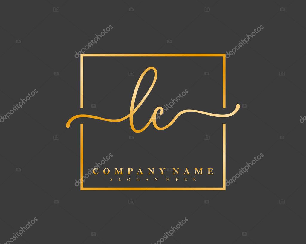 Initial LC handwriting logo of initial signature, make up, wedding, fashion, in square frame