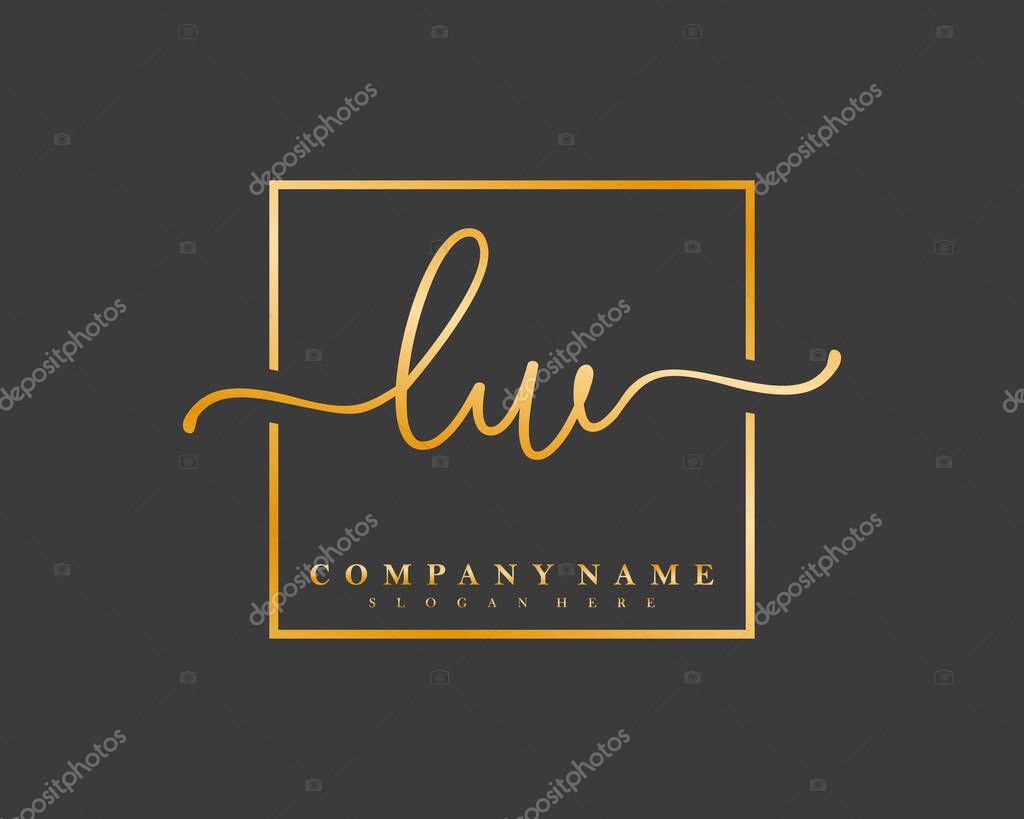 Initial LW handwriting logo of initial signature, make up, wedding, fashion, in square frame