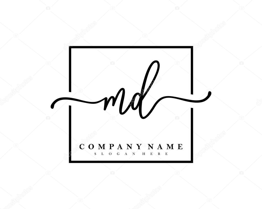 Initial MD handwriting logo of initial signature, make up, wedding, fashion, in square frame 