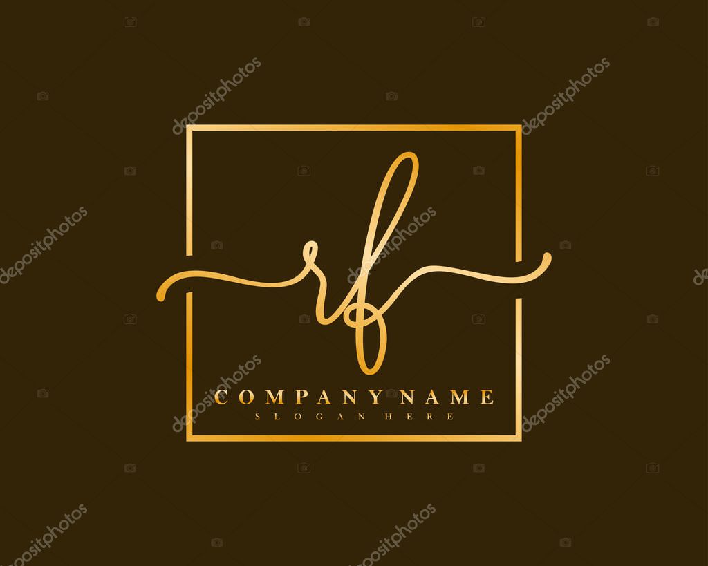 Initial RF handwriting logo of initial signature, make up, wedding, fashion, in square frame