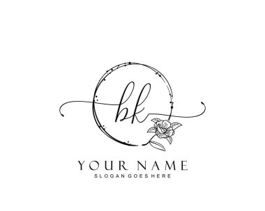 Başlangıçta BK güzellik monogramı ve zarif logo tasarımı, ilk imzadan oluşan el yazısı logosu, düğün, moda, çiçek ve yaratıcı şablona sahip botanik..