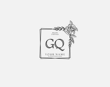 Başlangıçta GQ güzellik monogramı ve zarif logo tasarımı, ilk imzadan oluşan el yazısı logosu, düğün, moda, çiçekli ve yaratıcı şablona sahip botanik..