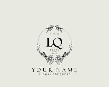 İlk LQ güzellik monogramı ve zarif logo tasarımı, ilk imzadan oluşan el yazısı logosu, düğün, moda, çiçekli ve yaratıcı şablona sahip botanik.