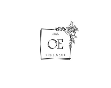 Başlangıçta OE güzellik monogramı ve zarif logo tasarımı, ilk imzadan oluşan el yazısı logosu, düğün, moda, çiçek ve yaratıcı şablona sahip botanik..