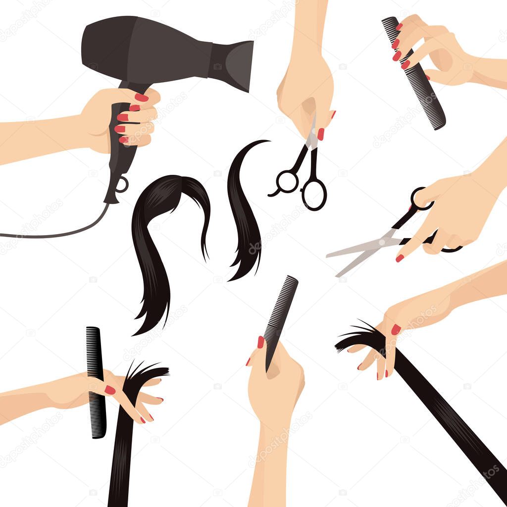 Vector Set of Beautiful Woman Hairdresser Hands in Beauty Salon with Accessories Design Set Isolated on White