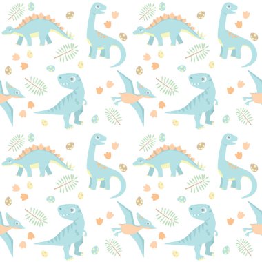 Dört Küçük Mavi Bebek Dinozor Açık Renkler Tarih Öncesi Kusursuz Desensiz Şekil Gösterimi