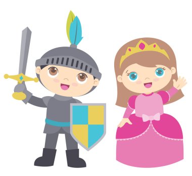 Şirin Küçük Erkek Şövalye ve Kız Prenses Vektör İllüzyonu Beyazlar 'da tecrit edildi.