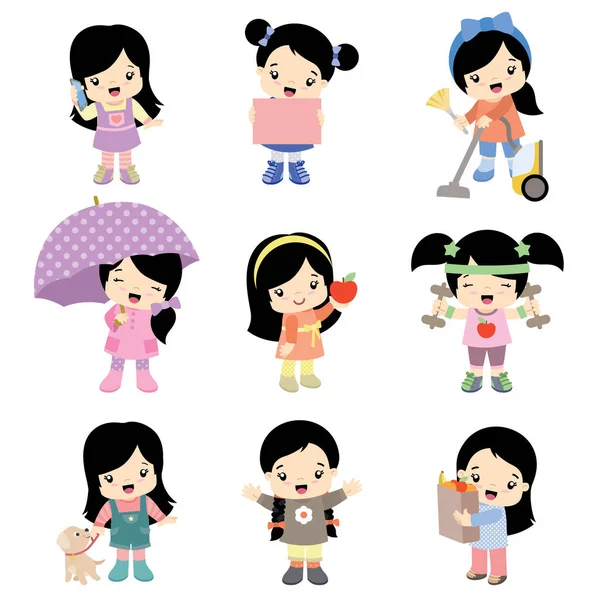 Girl Daily Activities Set Cleaning Shopping Exercise Walking Dog Kawaii — Stock Vector