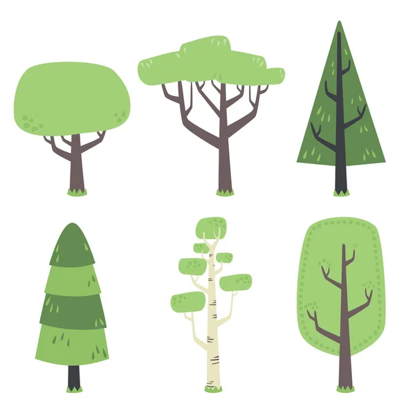 Styl Kawaii Forest Trees Set Birch Pine Cypress Flat Vector — Wektor stockowy