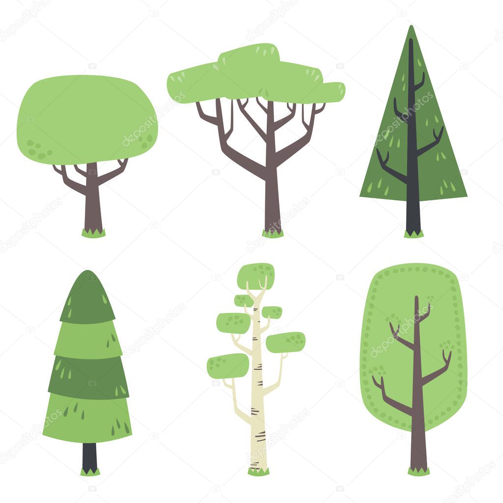 Kawaii Style Forest Trees Set Birch Pine Cypress Flat Vector Illustration Isolated on White