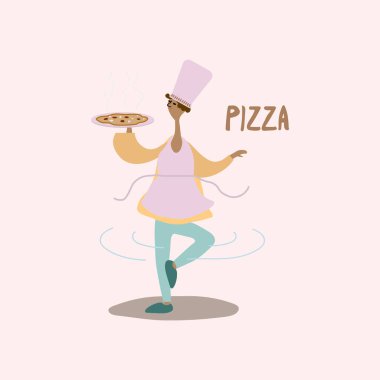 Yaratıcı bir aşçının tasviri. Dünya mutfağı, İtalyan pizzası, pizzalı şef. Web siteleri için seyahat vektör illüstrasyonu.