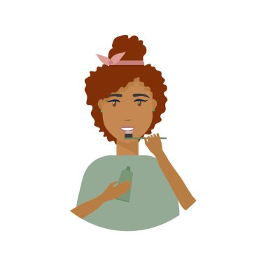 İllüzyon, kişisel bakım, dişlerini fırçalayan genç bir kadın, doğal kozmetik kullanıyor. Diş fırçası, diş macunu, diş fırçası, organik. Kozmetik için şık tasarım konsepti.