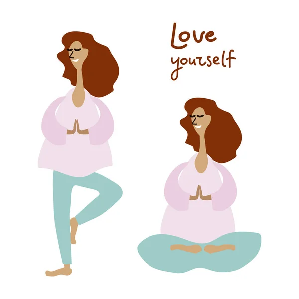 Sada ploché barevné ilustrace mladých žen dělá jógu. Mějte motivační nápis, milujte sám sebe. Roztomilá holka dělá kreslenou postavičku z jógy. Zdraví, fitness, relaxace, zdravý životní styl. — Stockový vektor