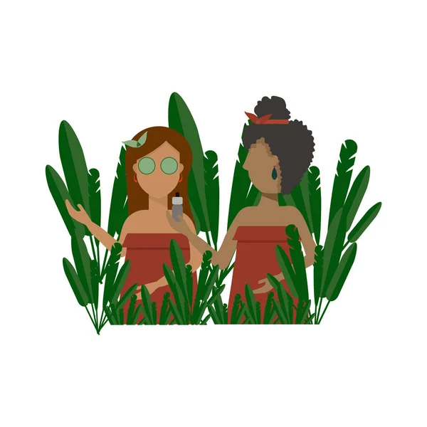 Ilustração de uma menina bonita em folhagem de palma, spa. Jovens mulheres nos trópicos, spa. Cuidados pessoais, spa relaxamento . —  Vetores de Stock