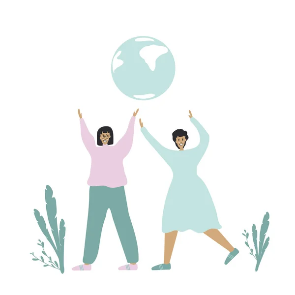 Ilustração vetorial de uma mulher dançando e se divertindo. Planeta Terra, eco, folhas orgânicas, tropicais. ilustração plana grande para animação . —  Vetores de Stock