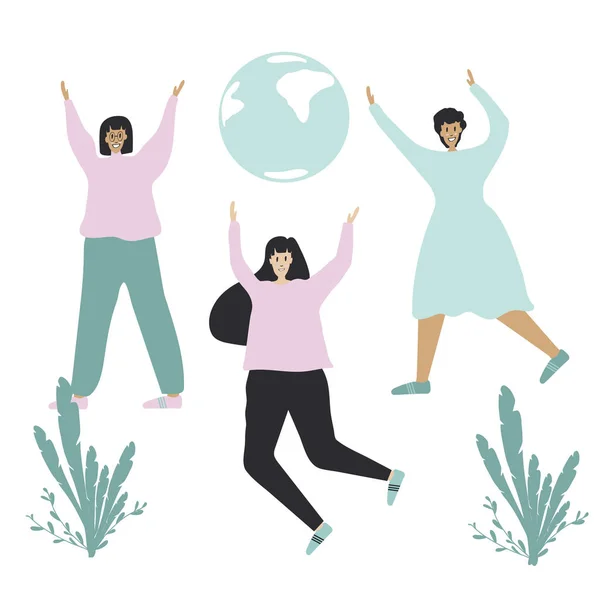 Vector illustration of a woman dancing and having fun. Planet earth, eco, organic, tropical leaves. Flat illustration great for animation. — Stock Vector