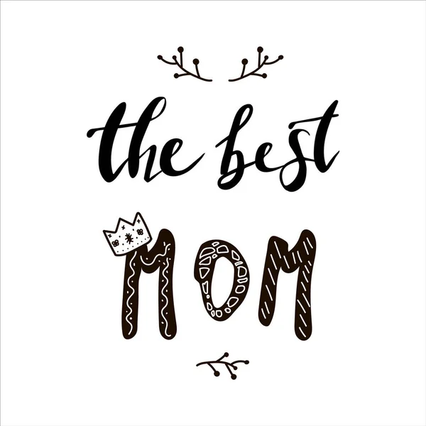 Lettereng en iyi annedir, siyah ve beyaz, bir çember içinde bir çiçek aranjmanı ve bir taç. Anneler Günü Kutlama Kartı — Stok Vektör