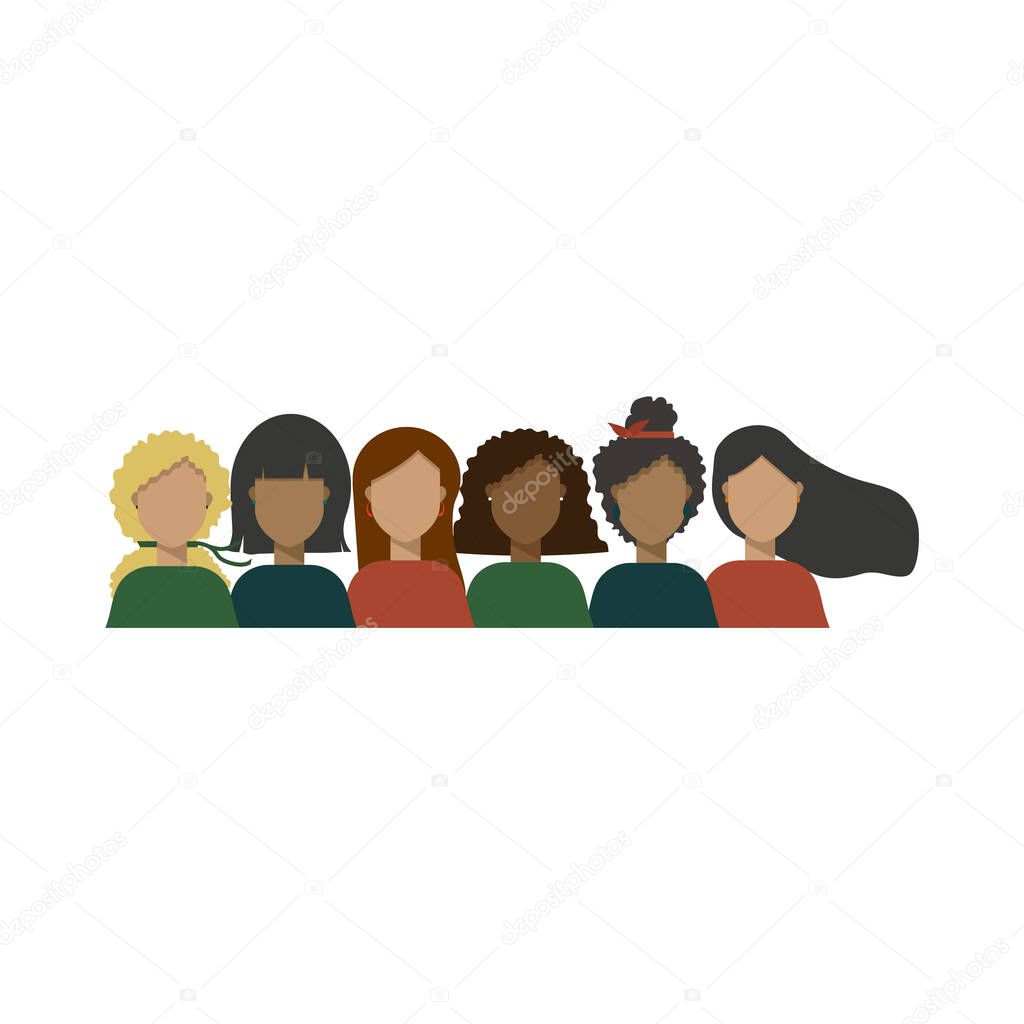 Vector illustration with women of different skin types and hair color. The struggle for freedom, independence, equality. Ethnic beauty. Different women: African, Asian, European.