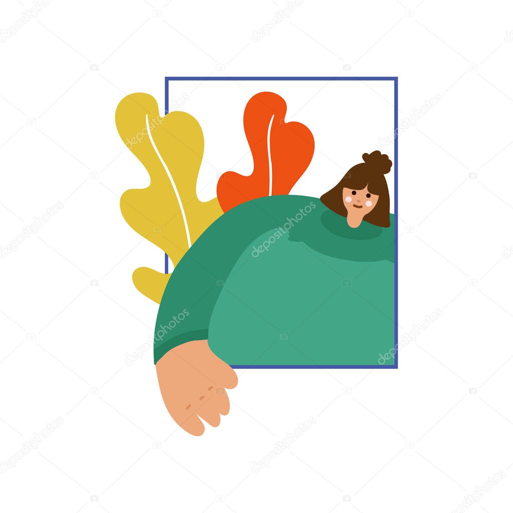 Girl at the window flat vector illustration. Flat design women. Female with outstretched hand isolated cartoon characters. Ideal for web and advertising.