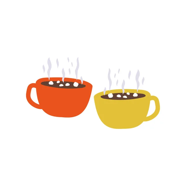 Векторная иллюстрация с чашкой какао или кофе. Две кружки с горячим напитком. Плоские дизайнерские цветные блюда. Уютная и домашняя атмосфера . — стоковый вектор