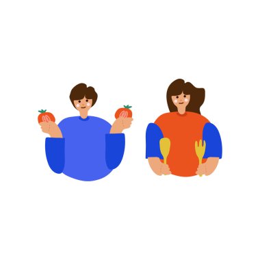 Bir erkek çocuk, yemek pişiren bir kız. Serbest çizim yemek pişirme sürecini gösteriyor. Aile çizimi, çocuklar yemeğe hazırlanıyor, sebzeler, kaşık. Poster ve menü için harika..